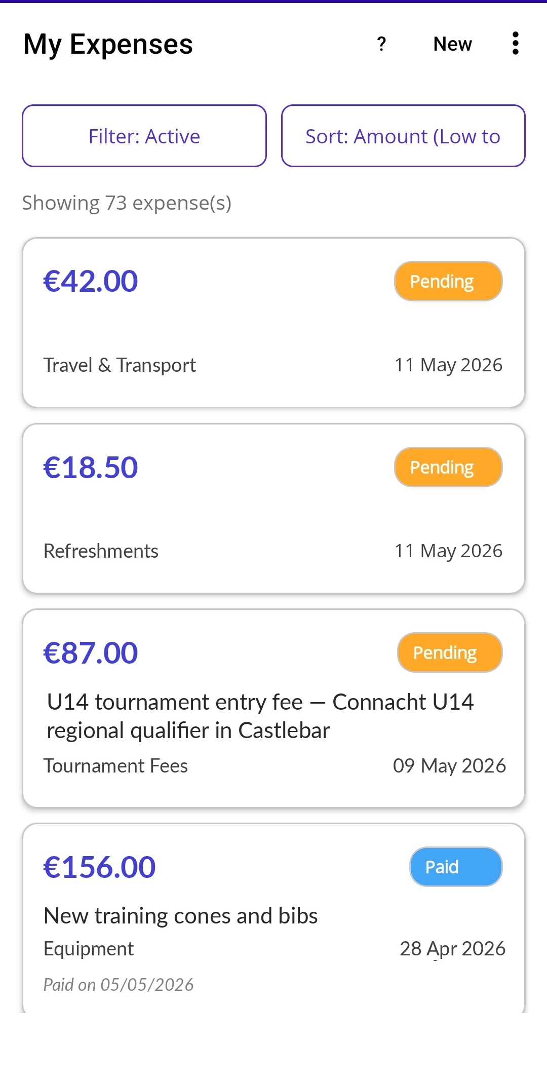 Munificence Submit mobile app — expense list view