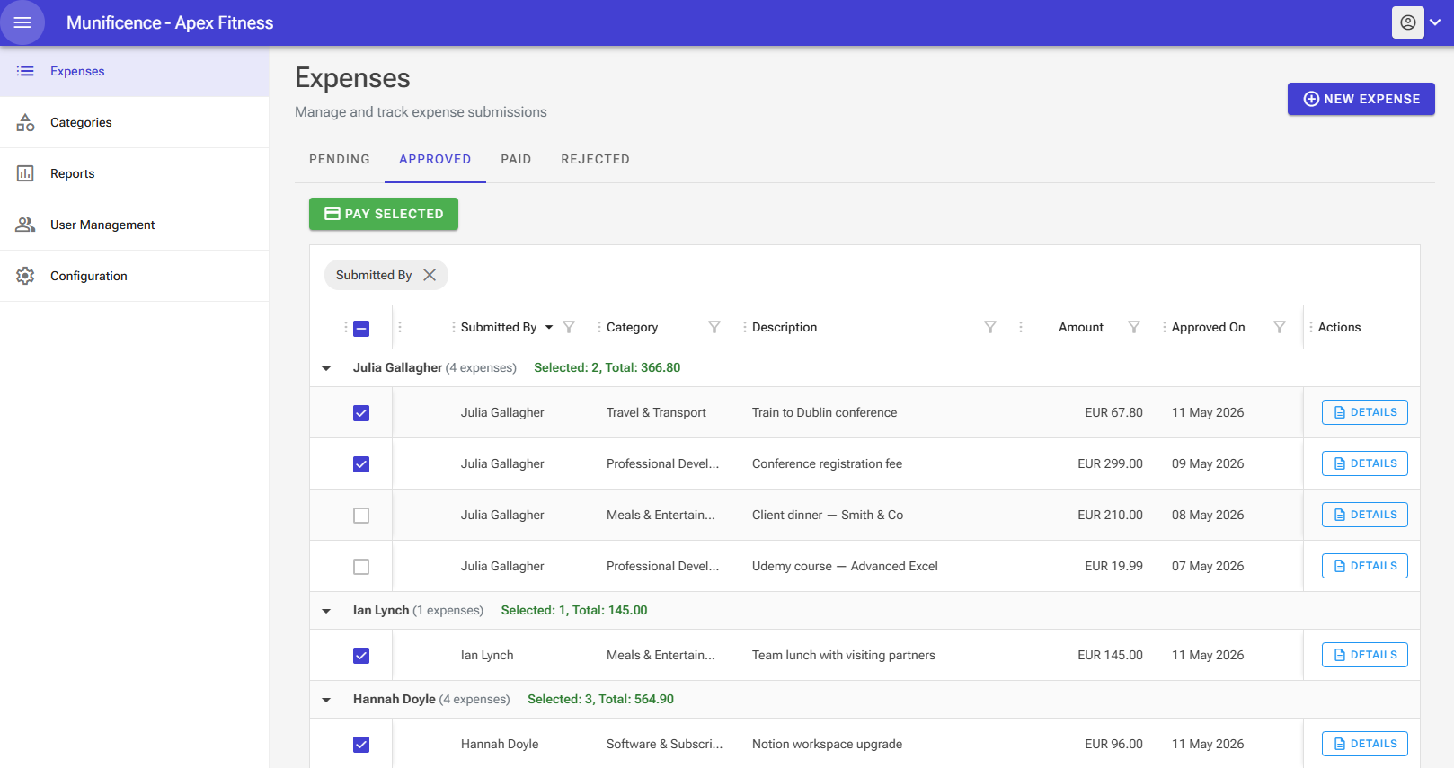 Munificence web dashboard — approved expenses grouped by team member, ready for batch payment